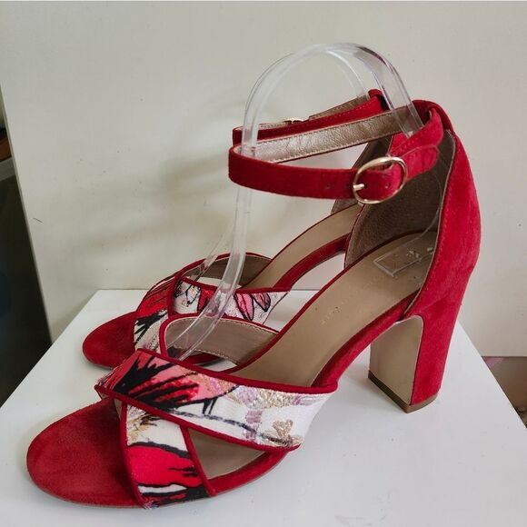 Anthropologie Red Suede/Abstract Print Ankle Strap Heeled Sandals Sz.9 Ret.$175 - Picture 1 of 10